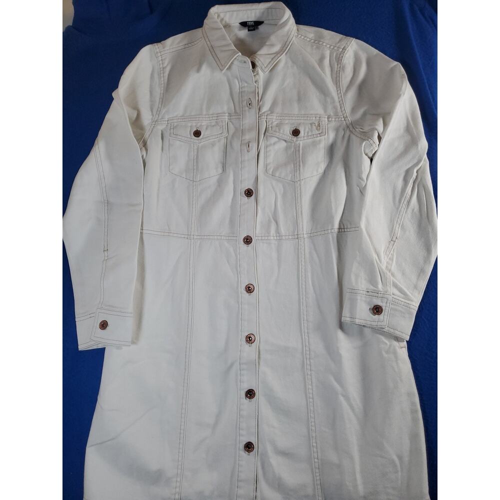Frye Shirt Dress Women's Large White Denim Long Sleeve ButtonFront Tunic Pockets - Picture 15 of 16